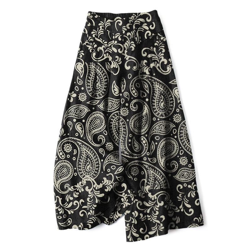 Buddha Stones Baumwoll-Leinen-Hose mit Vintage-Paisley-Muster, elastischem Bund, weitem Bein und Taschen - Schwarz - US16, UK/AU20, EU48 (3XL) - image 0