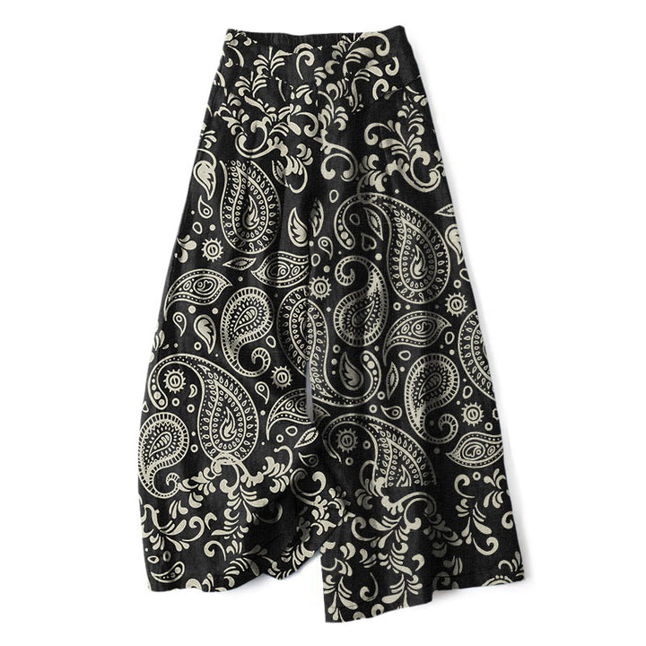 Buddha Stones Baumwoll-Leinen-Hose mit Vintage-Paisley-Muster, elastischem Bund, weitem Bein und Taschen - Schwarz - US16, UK/AU20, EU48 (3XL) - image 0