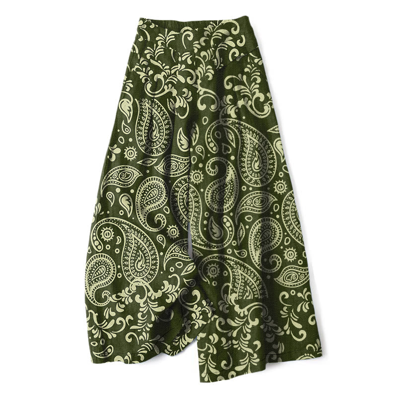 Buddha Stones Baumwoll-Leinen-Hose mit Vintage-Paisley-Muster, elastischem Bund, weitem Bein und Taschen - Olivgrün - US16, UK/AU20, EU48 (3XL) - image 4
