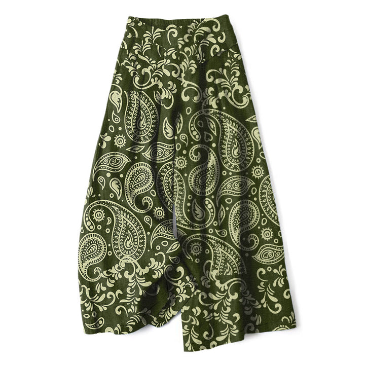 Buddha Stones Baumwoll-Leinen-Hose mit Vintage-Paisley-Muster, elastischem Bund, weitem Bein und Taschen - Olivgrün - US16, UK/AU20, EU48 (3XL) - image 4