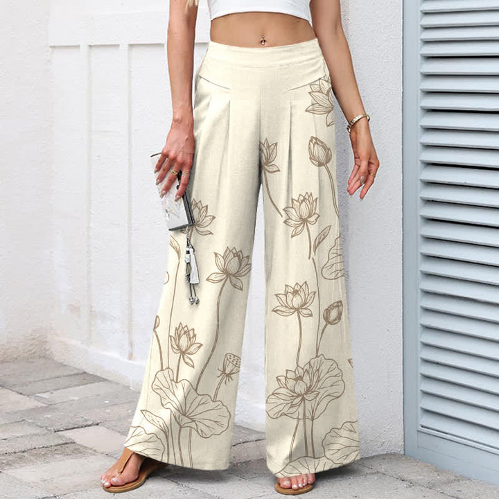 Buddha Stones Baumwoll-Leinen-Hose mit Vintage-Lotus-Linienmuster, elastischem Bund, weitem Bein und Taschen - image 1