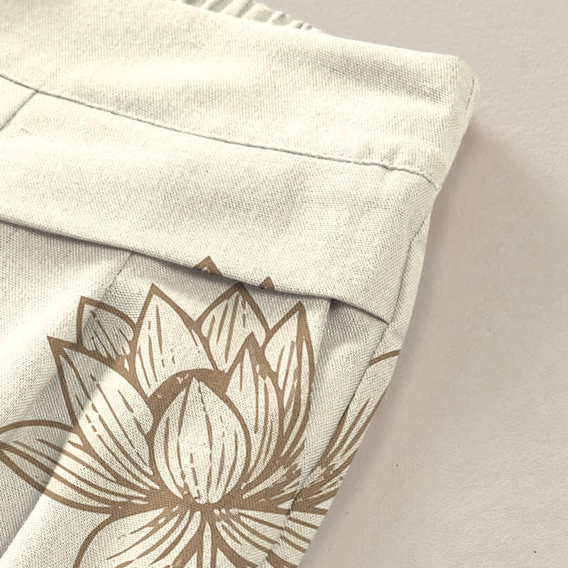 Buddha Stones Baumwoll-Leinen-Hose mit Vintage-Lotus-Linienmuster, elastischem Bund, weitem Bein und Taschen - image 2