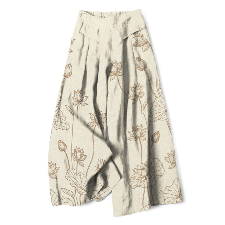 Buddha Stones Baumwoll-Leinen-Hose mit Vintage-Lotus-Linienmuster, elastischem Bund, weitem Bein und Taschen - Beige - US16, UK/AU20, EU48 (3XL) - image 0
