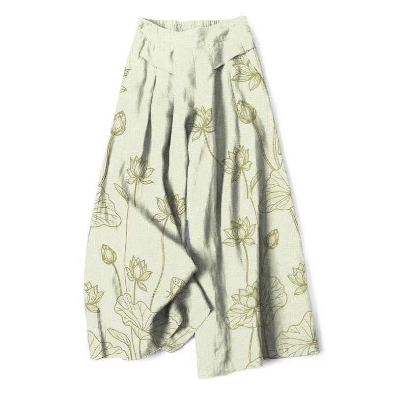 Buddha Stones Baumwoll-Leinen-Hose mit Vintage-Lotus-Linienmuster, elastischem Bund, weitem Bein und Taschen - Honigmelone - US16, UK/AU20, EU48 (3XL) - image 4
