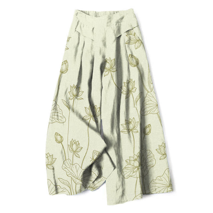 Buddha Stones Baumwoll-Leinen-Hose mit Vintage-Lotus-Linienmuster, elastischem Bund, weitem Bein und Taschen - Honigmelone - US16, UK/AU20, EU48 (3XL) - image 4