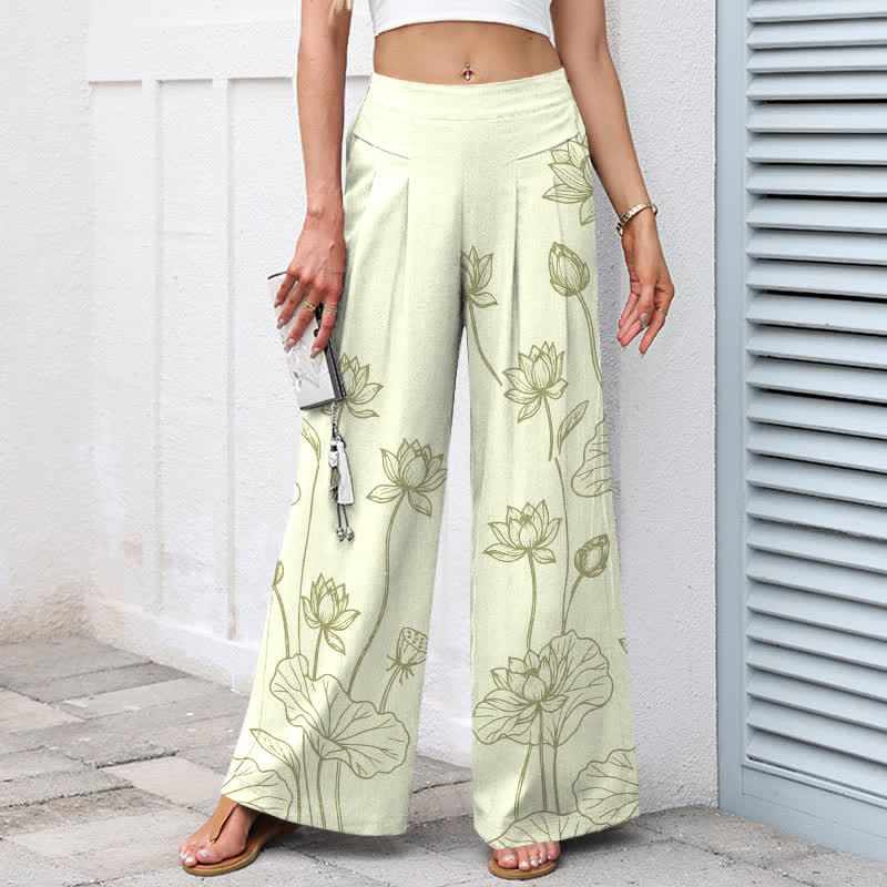 Buddha Stones Baumwoll-Leinen-Hose mit Vintage-Lotus-Linienmuster, elastischem Bund, weitem Bein und Taschen - image 5
