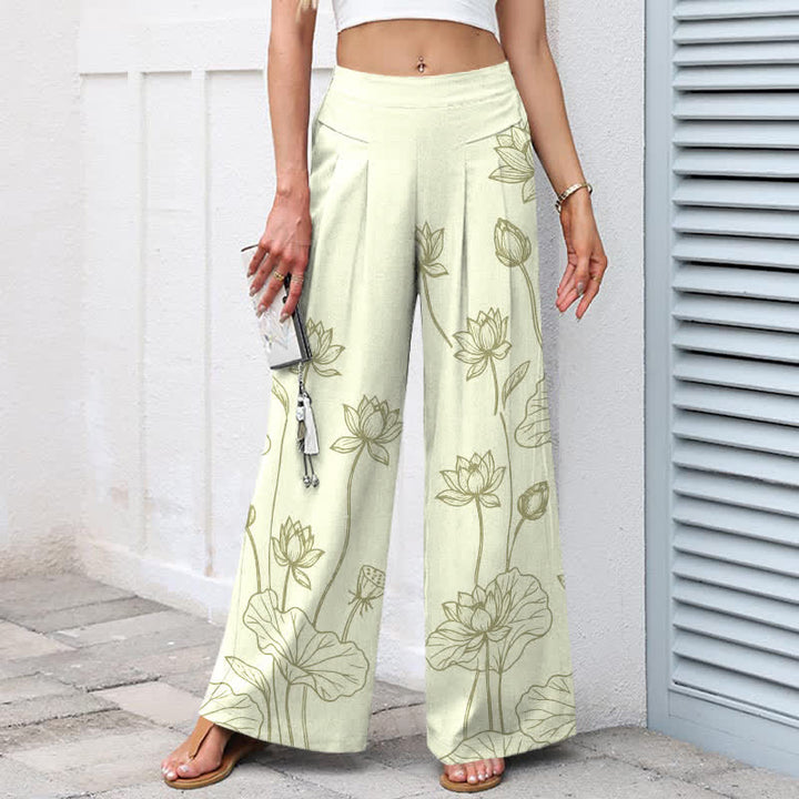 Buddha Stones Baumwoll-Leinen-Hose mit Vintage-Lotus-Linienmuster, elastischem Bund, weitem Bein und Taschen - image 5