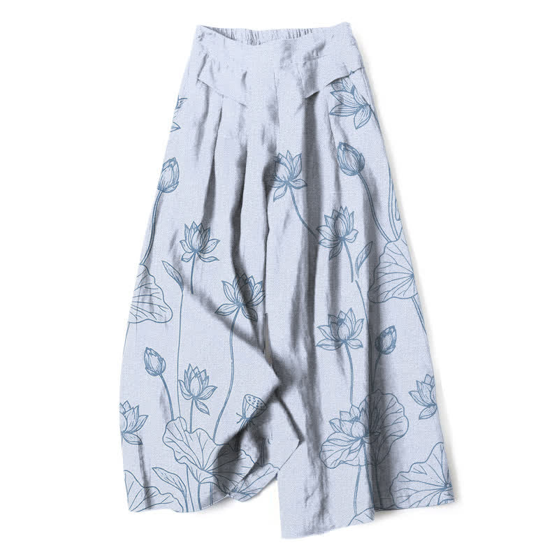 Buddha Stones Baumwoll-Leinen-Hose mit Vintage-Lotus-Linienmuster, elastischem Bund, weitem Bein und Taschen - AliceBlue - US16, UK/AU20, EU48 (3XL) - image 6