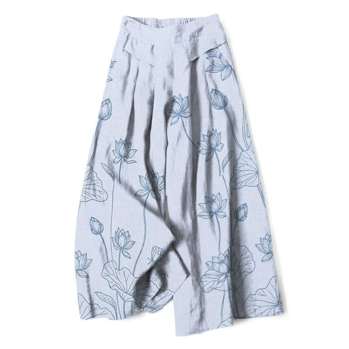 Buddha Stones Baumwoll-Leinen-Hose mit Vintage-Lotus-Linienmuster, elastischem Bund, weitem Bein und Taschen - AliceBlue - US16, UK/AU20, EU48 (3XL) - image 6