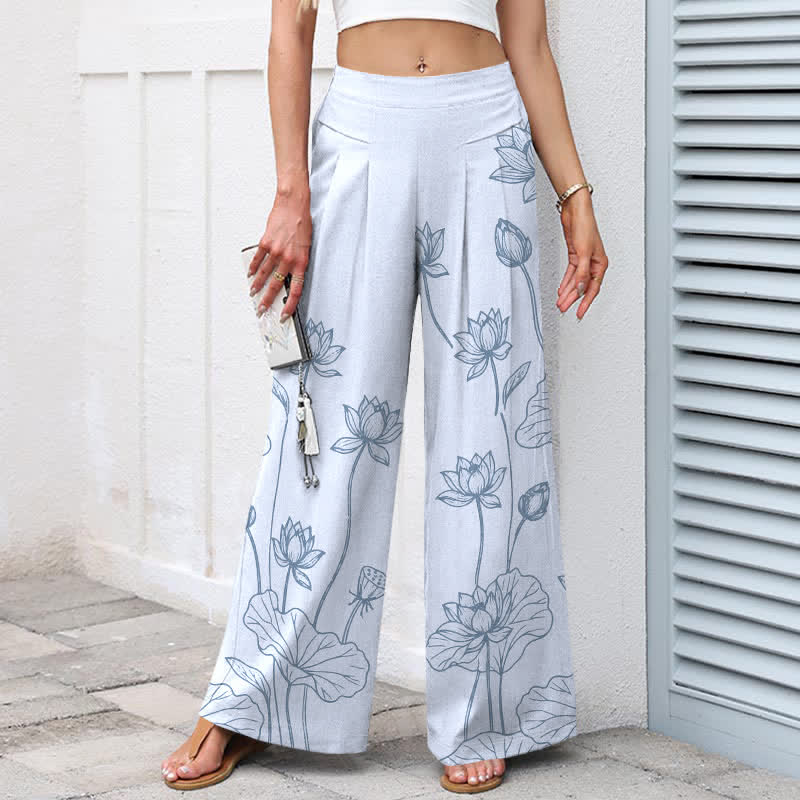 Buddha Stones Baumwoll-Leinen-Hose mit Vintage-Lotus-Linienmuster, elastischem Bund, weitem Bein und Taschen - image 7