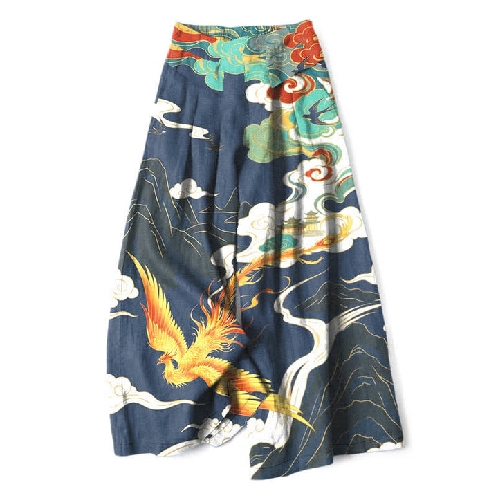 Buddha Stones Damenhose aus Baumwoll-Leinen-Mischgewebe mit Phönix-Wolken-Muster, elastischem Bund, weitem Bein und Taschen - Marine - US16, UK/AU20, EU48 (3XL) - image 0