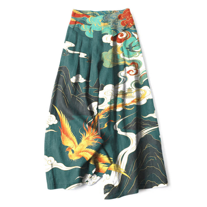 Buddha Stones Damenhose aus Baumwoll-Leinen-Mischgewebe mit Phönix-Wolken-Muster, elastischem Bund, weitem Bein und Taschen - Türkis - US16, UK/AU20, EU48 (3XL) - image 4