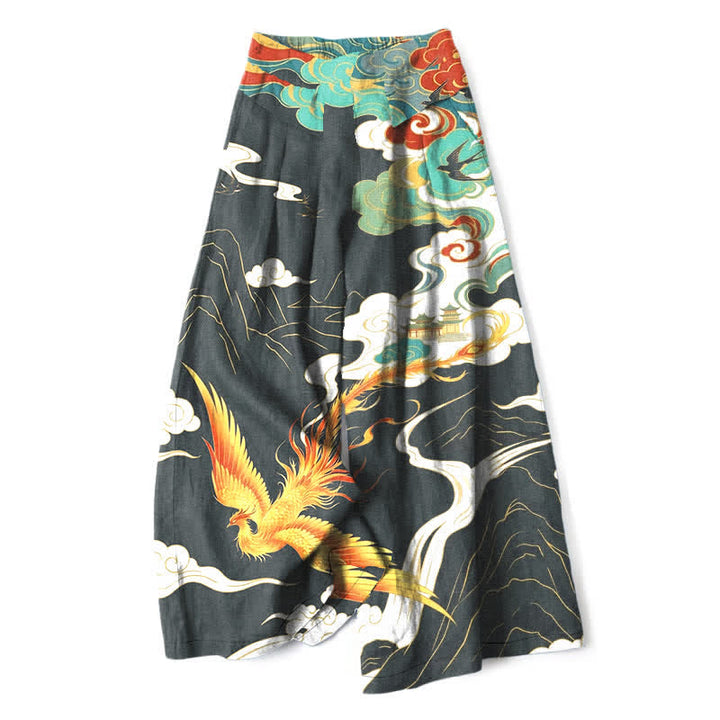 Buddha Stones Damenhose aus Baumwoll-Leinen-Mischgewebe mit Phönix-Wolken-Muster, elastischem Bund, weitem Bein und Taschen - Schiefergrau - US16, UK/AU20, EU48 (3XL) - image 6