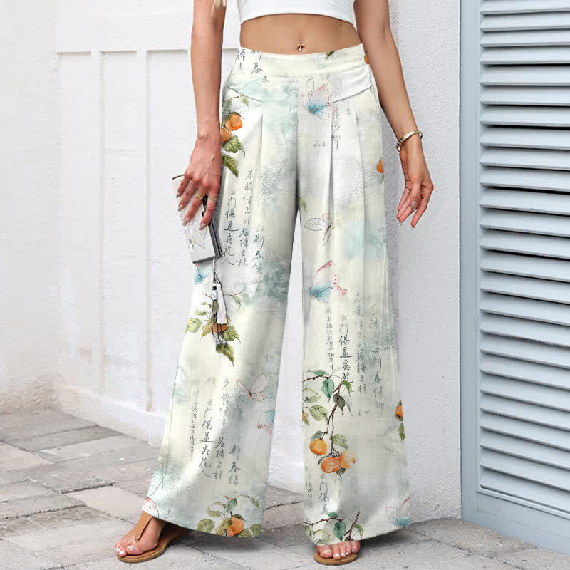 Buddha Stones Baumwoll-Leinen-Hose im Vintage-Stil mit Schmetterlingsmuster aus Zitrusgärten, Damen, elastischer Bund, weites Bein und Taschen - image 1