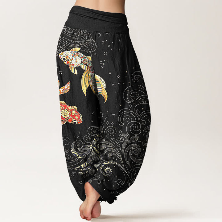 Buddha Stones Baumwoll-Haremshose mit Koi-Fisch-Wirbelmuster und elastischem Bund für Damen - image 2