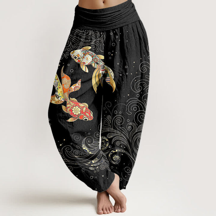 Buddha Stones Baumwoll-Haremshose mit Koi-Fisch-Wirbelmuster und elastischem Bund für Damen - Schwarz - US16, UK/AU20, EU48 (3XL) - image 0