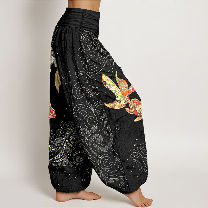 Buddha Stones Baumwoll-Haremshose mit Koi-Fisch-Wirbelmuster und elastischem Bund für Damen - image 1