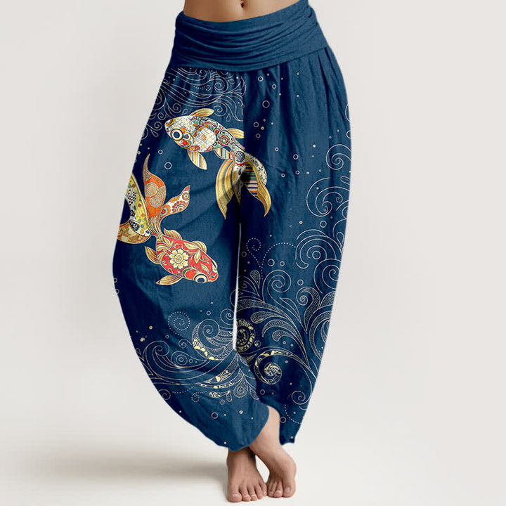 Buddha Stones Baumwoll-Haremshose mit Koi-Fisch-Wirbelmuster und elastischem Bund für Damen - Marine - US16, UK/AU20, EU48 (3XL) - image 5