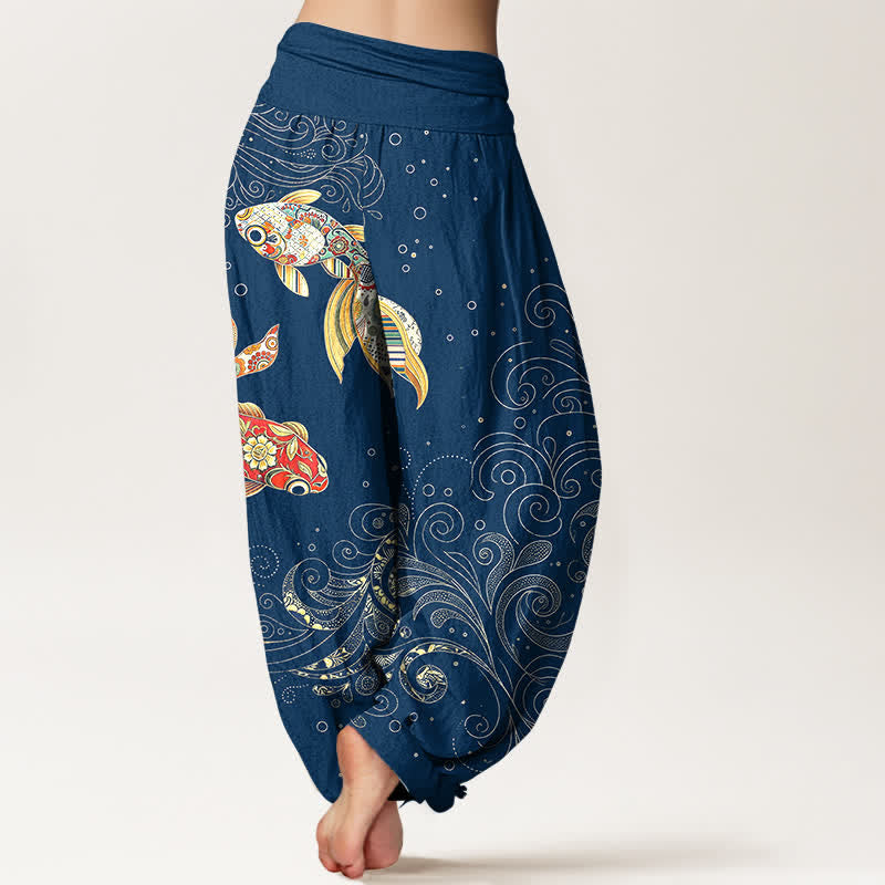 Buddha Stones Baumwoll-Haremshose mit Koi-Fisch-Wirbelmuster und elastischem Bund für Damen - image 7