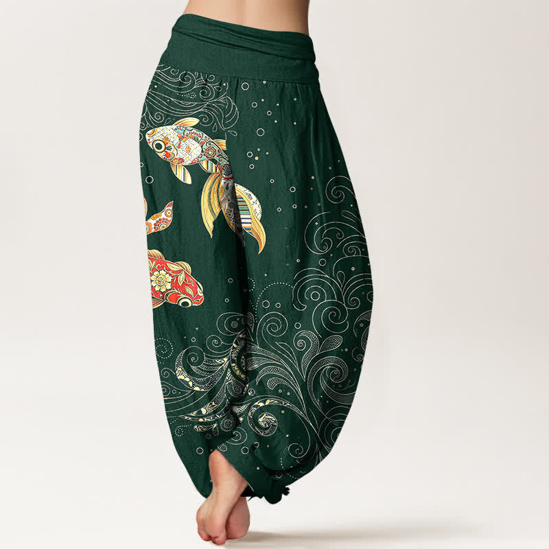 Buddha Stones Baumwoll-Haremshose mit Koi-Fisch-Wirbelmuster und elastischem Bund für Damen - image 10