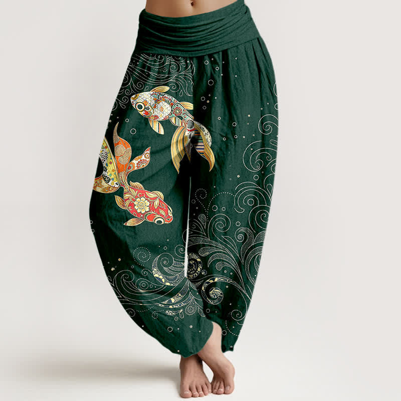Buddha Stones Baumwoll-Haremshose mit Koi-Fisch-Wirbelmuster und elastischem Bund für Damen - Dunkelgrün - US16, UK/AU20, EU48 (3XL) - image 8
