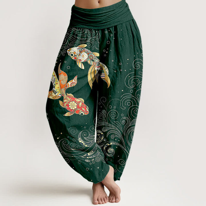 Buddha Stones Baumwoll-Haremshose mit Koi-Fisch-Wirbelmuster und elastischem Bund für Damen - Dunkelgrün - US16, UK/AU20, EU48 (3XL) - image 8