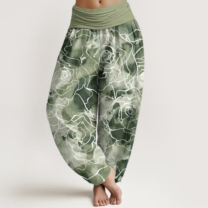 Buddha Stones Baumwoll-Haremshose mit weißem Rosenmuster und elastischem Bund für Damen - Dunkelmeergrün - US16, UK/AU20, EU48 (3XL) - image 0