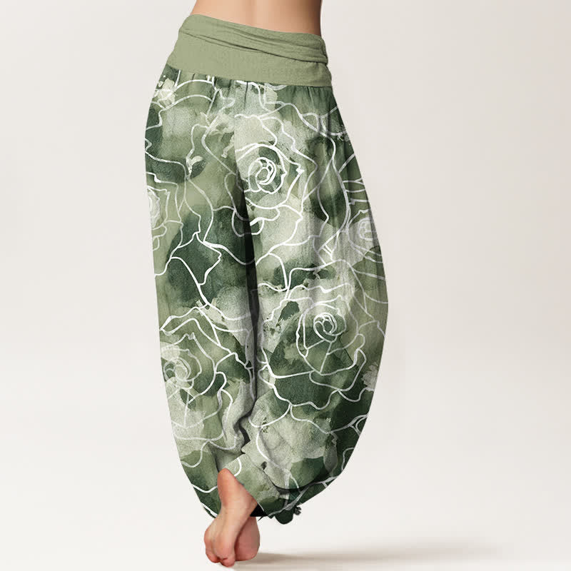 Buddha Stones Baumwoll-Haremshose mit weißem Rosenmuster und elastischem Bund für Damen - image 2