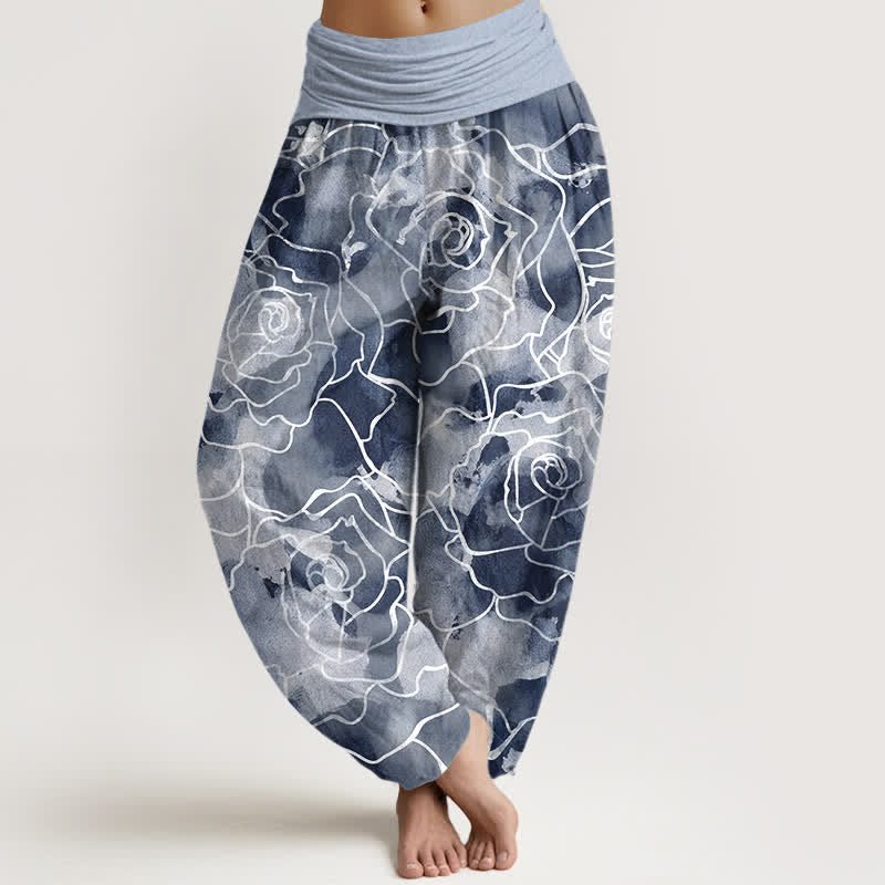 Buddha Stones Baumwoll-Haremshose mit weißem Rosenmuster und elastischem Bund für Damen - Hellblau - US16, UK/AU20, EU48 (3XL) - image 5