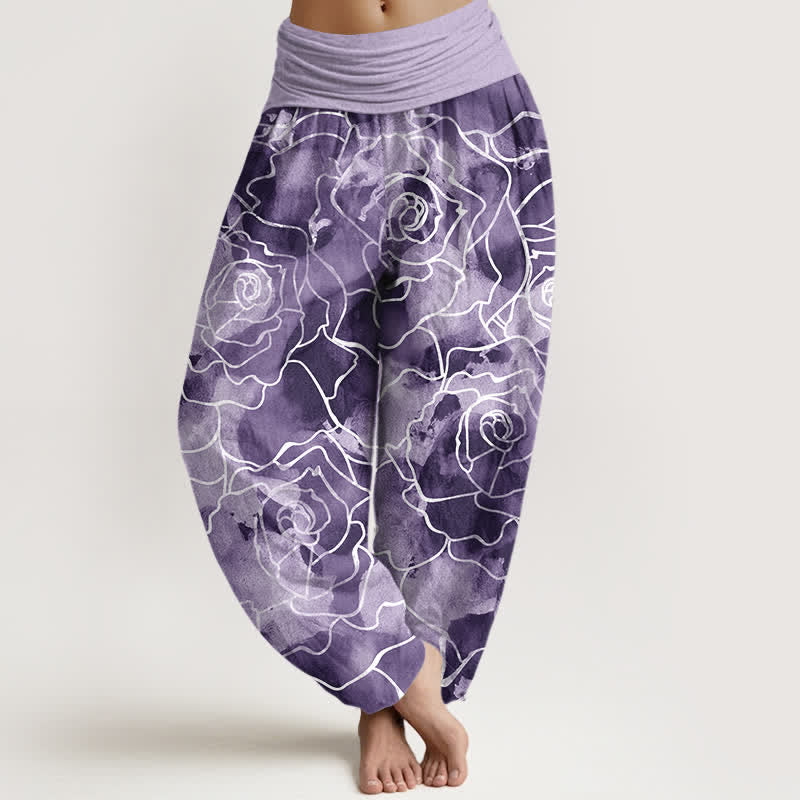 Buddha Stones Baumwoll-Haremshose mit weißem Rosenmuster und elastischem Bund für Damen - Mittelviolett - US16, UK/AU20, EU48 (3XL) - image 8