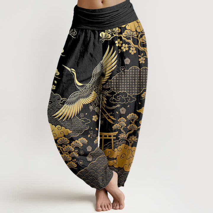 Buddha Stones Haremshose aus Baumwolle mit goldenem Kranich- und Wolkenmuster, elastischer Bund, Damen - Schwarz - US16, UK/AU20, EU48 (3XL) - image 0