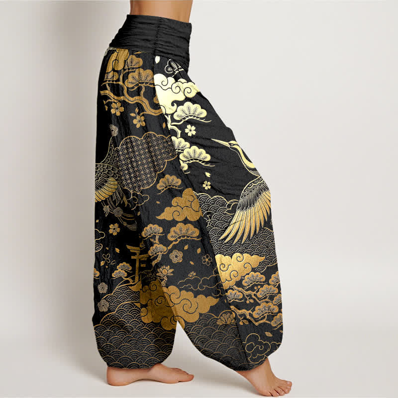 Buddha Stones Haremshose aus Baumwolle mit goldenem Kranich- und Wolkenmuster, elastischer Bund, Damen - image 1