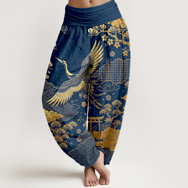 Buddha Stones Haremshose aus Baumwolle mit goldenem Kranich- und Wolkenmuster, elastischer Bund, Damen - Marine - US16, UK/AU20, EU48 (3XL) - image 5