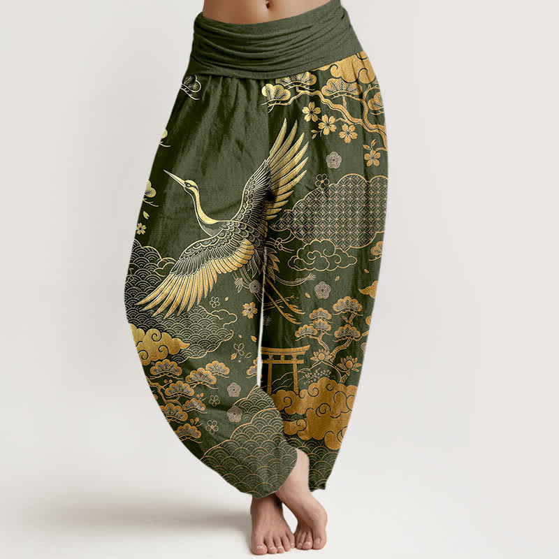 Buddha Stones Haremshose aus Baumwolle mit goldenem Kranich- und Wolkenmuster, elastischer Bund, Damen - Dunkelolivgrün - US16, UK/AU20, EU48 (3XL) - image 8