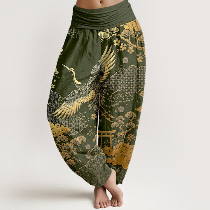 Buddha Stones Haremshose aus Baumwolle mit goldenem Kranich- und Wolkenmuster, elastischer Bund, Damen - Dunkelolivgrün - US16, UK/AU20, EU48 (3XL) - image 8
