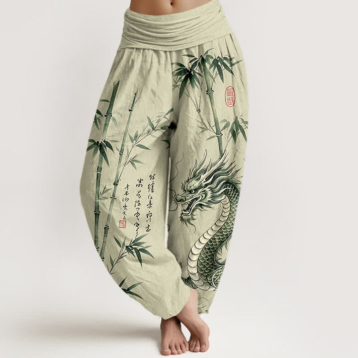 Buddha Stones Baumwoll-Haremshose mit Drachen- und Bambusmuster, elastischer Bund, Damen - Beige - US16, UK/AU20, EU48 (3XL) - image 0