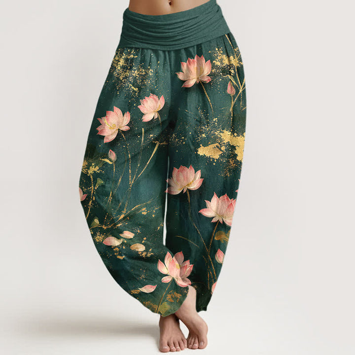 Buddha Stones Baumwoll-Haremshose mit rosa Lotus- und Goldspritzermuster, elastischem Bund, Damen - Türkis - US16, UK/AU20, EU48 (3XL) - image 0