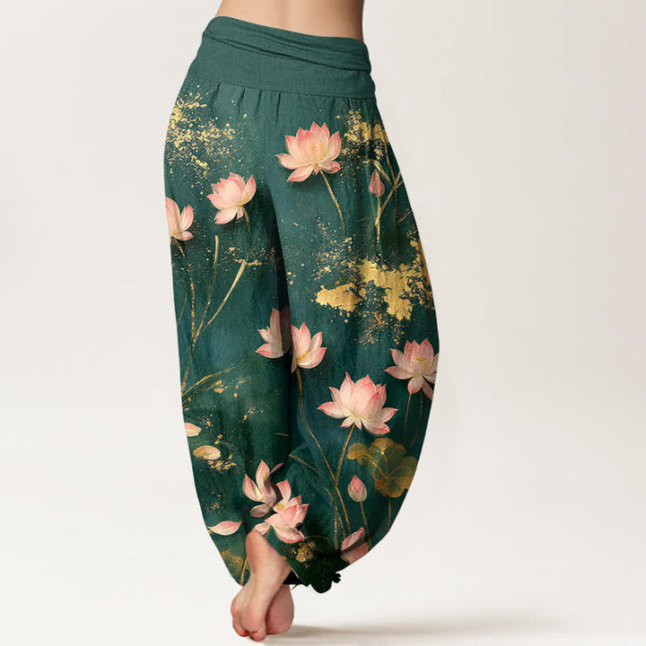 Buddha Stones Baumwoll-Haremshose mit rosa Lotus- und Goldspritzermuster, elastischem Bund, Damen - image 1