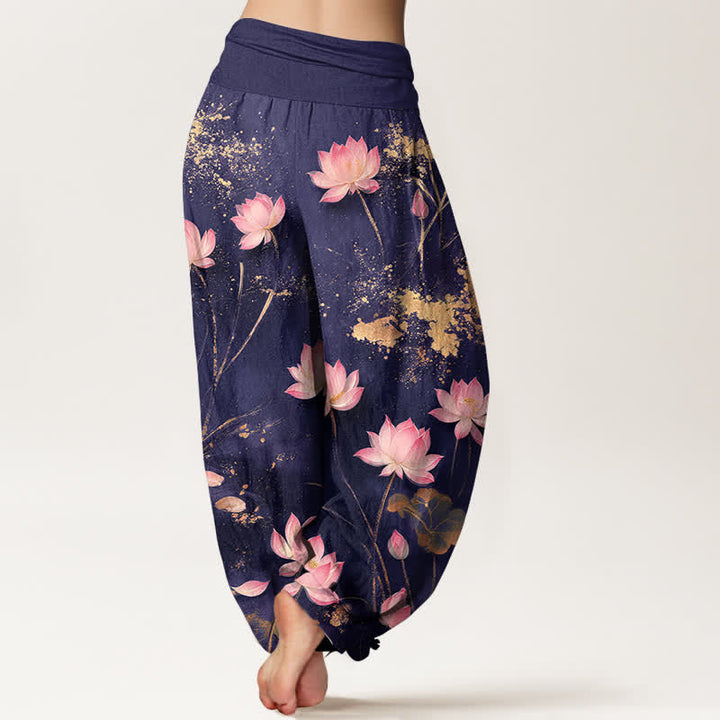 Buddha Stones Baumwoll-Haremshose mit rosa Lotus- und Goldspritzermuster, elastischem Bund, Damen - image 7