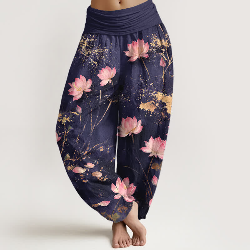 Buddha Stones Baumwoll-Haremshose mit rosa Lotus- und Goldspritzermuster, elastischem Bund, Damen - Indigo - US16, UK/AU20, EU48 (3XL) - image 5