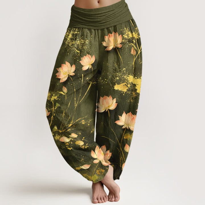 Buddha Stones Baumwoll-Haremshose mit rosa Lotus- und Goldspritzermuster, elastischem Bund, Damen - Olivgrün - US16, UK/AU20, EU48 (3XL) - image 8