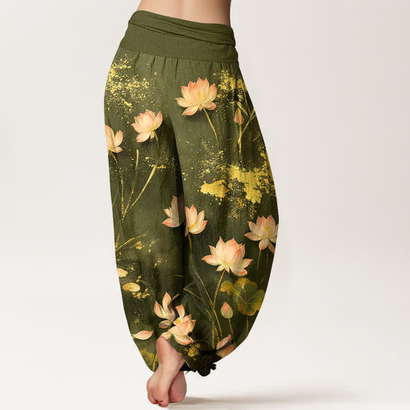 Buddha Stones Baumwoll-Haremshose mit rosa Lotus- und Goldspritzermuster, elastischem Bund, Damen - image 10