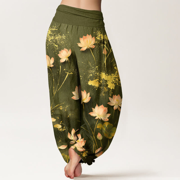Buddha Stones Baumwoll-Haremshose mit rosa Lotus- und Goldspritzermuster, elastischem Bund, Damen - image 10