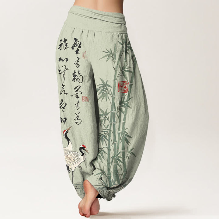 Buddha Stones Haremshose aus Baumwolle und Bambus mit Kranichmuster und elastischem Bund - image 7