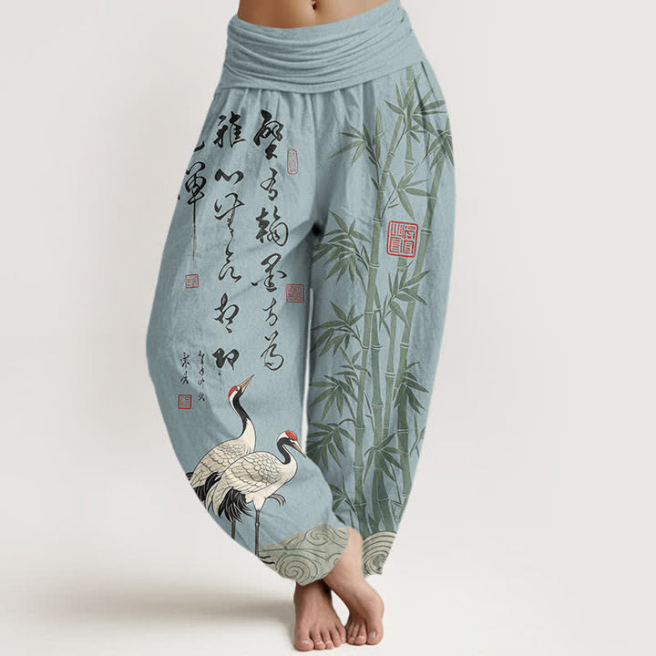 Buddha Stones Haremshose aus Baumwolle und Bambus mit Kranichmuster und elastischem Bund - Hellblau - US16, UK/AU20, EU48 (3XL) - image 8