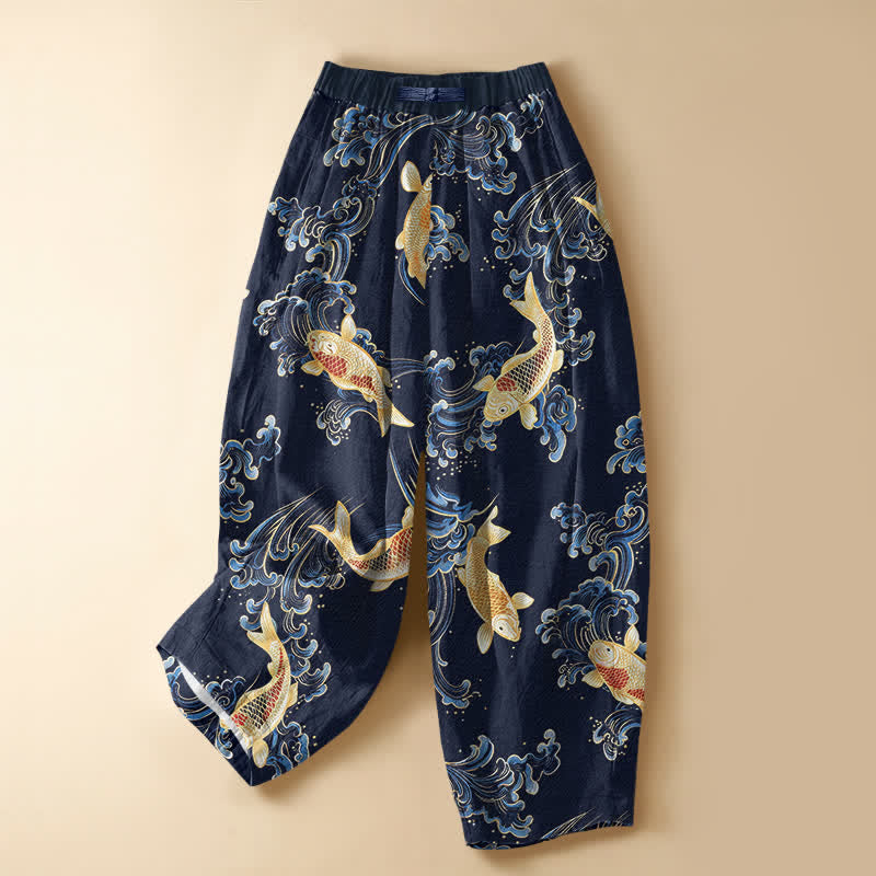 Buddha Stones Damen-Haremshose aus reiner Baumwolle mit Vintage-Koi-Wellenmuster, Froschknopfverschluss, elastischem Bund und Taschen - Marine - US16, UK/AU20, EU48 (3XL) - image 0