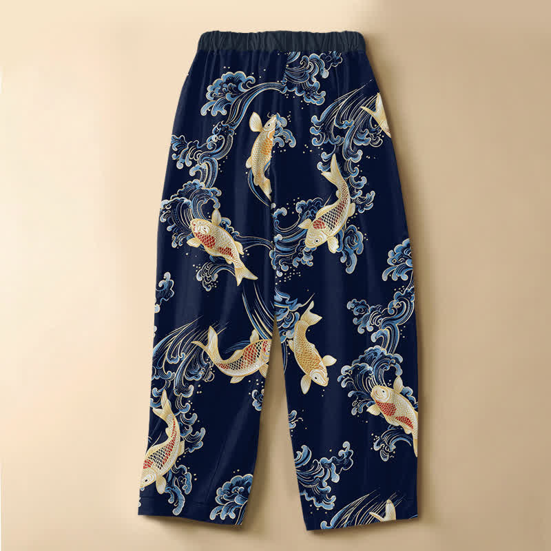 Buddha Stones Damen-Haremshose aus reiner Baumwolle mit Vintage-Koi-Wellenmuster, Froschknopfverschluss, elastischem Bund und Taschen - image 1