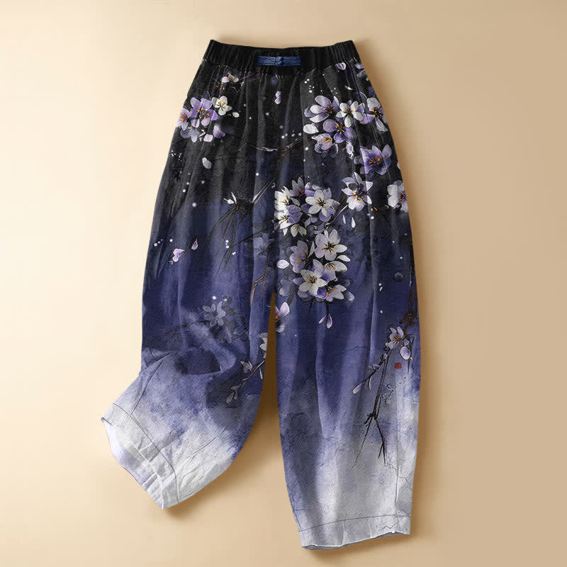 Buddha Stones Damen-Haremshose aus reiner Baumwolle mit Ombré-Sakura-Blütenmuster, Froschknopfverschluss, elastischem Bund und Taschen - Indigo - US16, UK/AU20, EU48 (3XL) - image 0