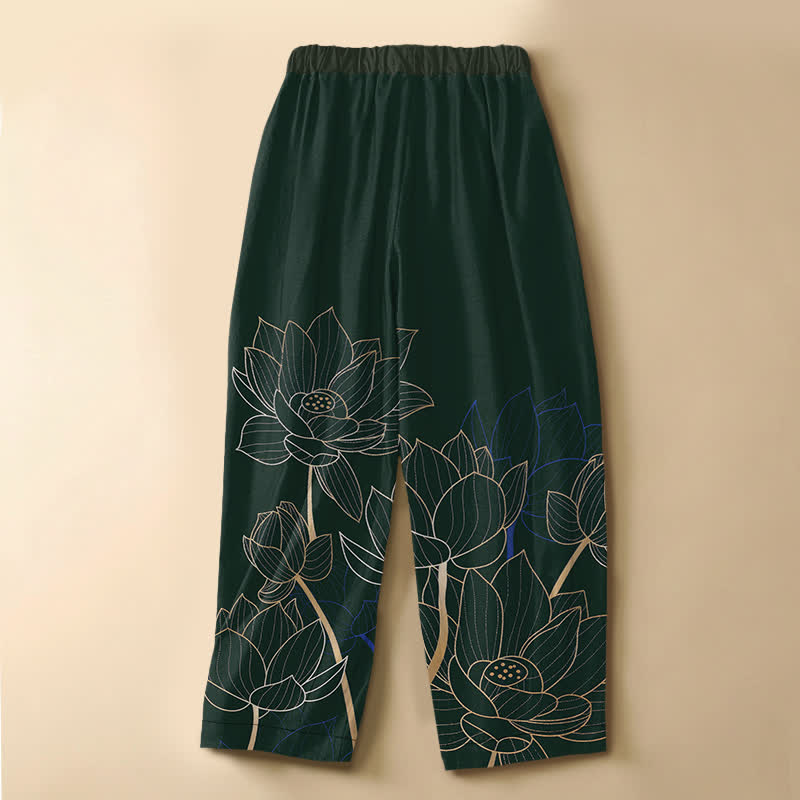 Buddha Stones Elegante Haremshose aus reiner Baumwolle mit Lotus-Umrissmuster, Froschknopfverschluss, elastischem Bund und Taschen für Damen - image 1