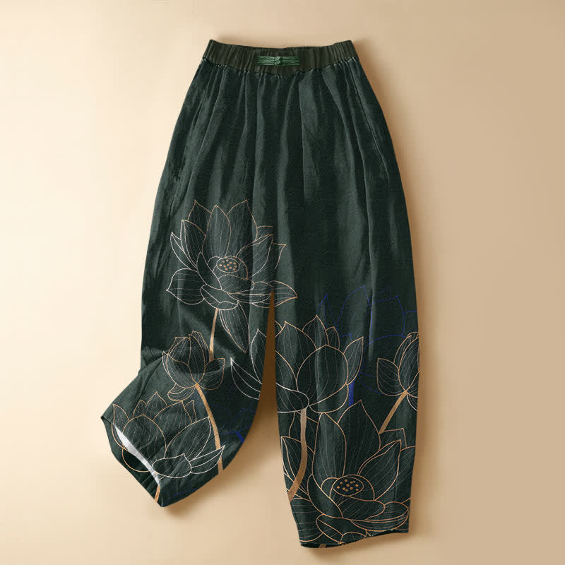 Buddha Stones Elegante Haremshose aus reiner Baumwolle mit Lotus-Umrissmuster, Froschknopfverschluss, elastischem Bund und Taschen für Damen - Dunkelgrün - US16, UK/AU20, EU48 (3XL) - image 0